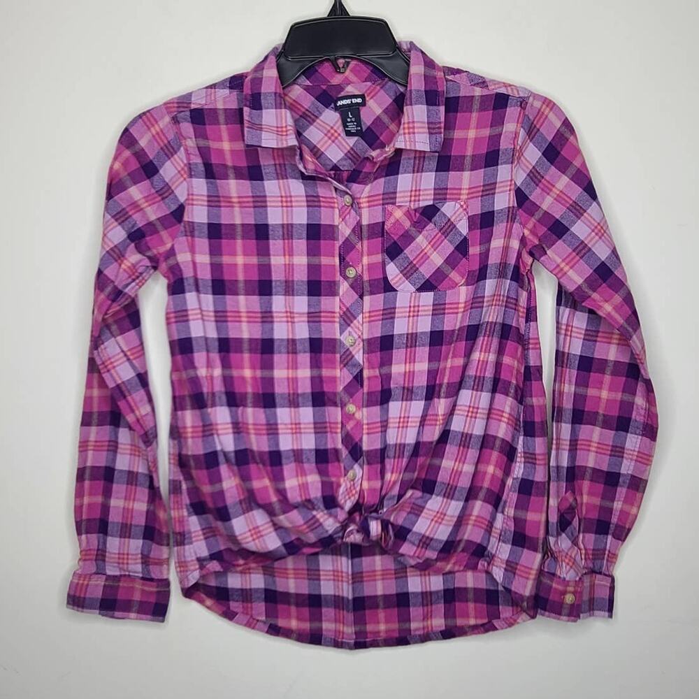Lands End pink purple plaid tie front long sleeve shirt - large kids